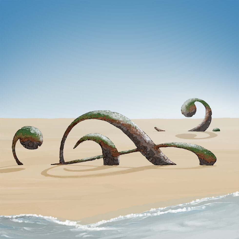 „Troubel Clefs“ – Ein Violinschlüssel und ein Bassschlüssel liegen auf der Seite, im Sand vergraben. Digitale Illustration von Stefan Romero Grieser, 14. Februar 2021